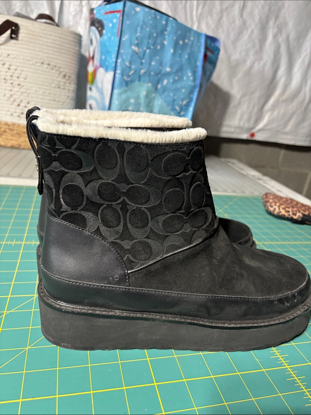 Coach Black Suede Signature Logo Shearling-Trim Platform Ankle Boots